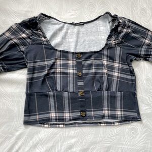 Blue,beige/cream shirt with buttons.